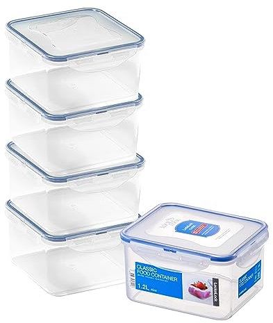 LocknLock Set di 5 contenitori per alimenti quadrati con coperchio, in plastica, ermetici e impermeabili, senza BPA e lavabili in lavastoviglie, 5 x 1,2 l