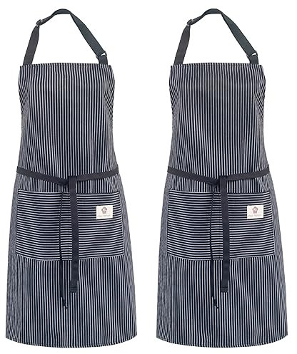 cactusgirl 2 Stück verstellbare Baumwollschürze, Kochschürze, Küchenschürze, Schürzen für Damen und Herren (schwarze Streifen+schwarze Streifen)