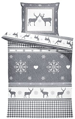 one-home Winter Bettwäsche 155x220 cm Rentiere Hirsch anthrazit grau Flausch Warme Fleece