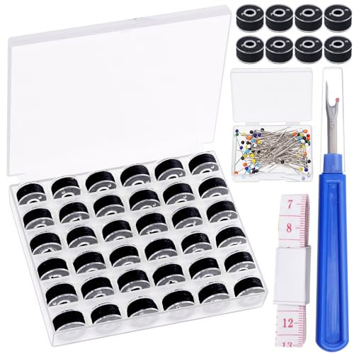 Swpeet Set di 138 bobine di filo preavvolto nero con custodia in plastica trasparente, set di bobine preavvolte in poliestere per filo da cucito per macchina da ricamo a mano forniture artigianali