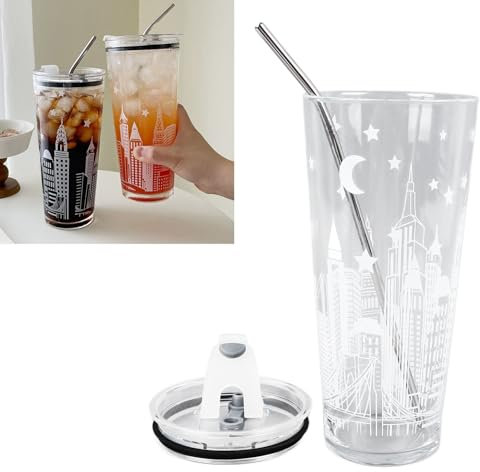 Taza de Cristal con Tapa y Pajita de Acero Inoxidable, Juego de Vasos de 1 Litro, Taza de café Helado, Vaso Lindo, Resistencia Al Calor para Whisky, Agua, Regalo, la Mejor Opción