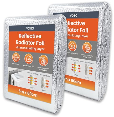 volila Radiator Foil 5m x 60cm - 2 Pack Radiator Reflector Panels for Enhance Heat Efficiency - Energy Saving Insulation Foil and Radiator Heat Deflector for Home Heating with Adhesive Pads