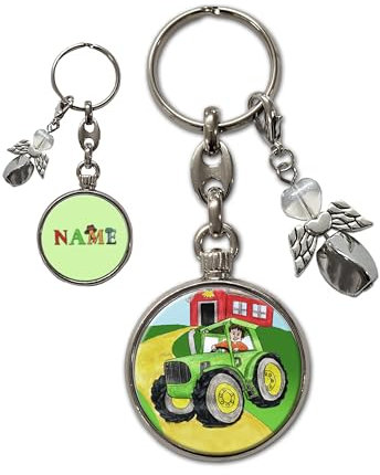 Traktor Personalisierter Schlüsselanhänger mit Schutzengel | Wunschtext wie Name mit Schriftartwahl | Einschulungsgeschenk | Glücksbringer | Anhänger (Traktor)