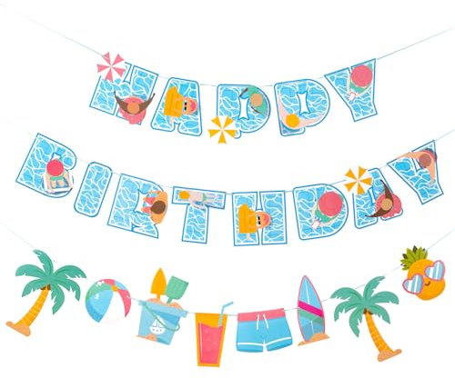 EASY JOY Summer Happy Birthday Banner Ocean Summer Pool Party Bunting Banner Summer Birthday Beach Party Decorations Schools Out for Summer