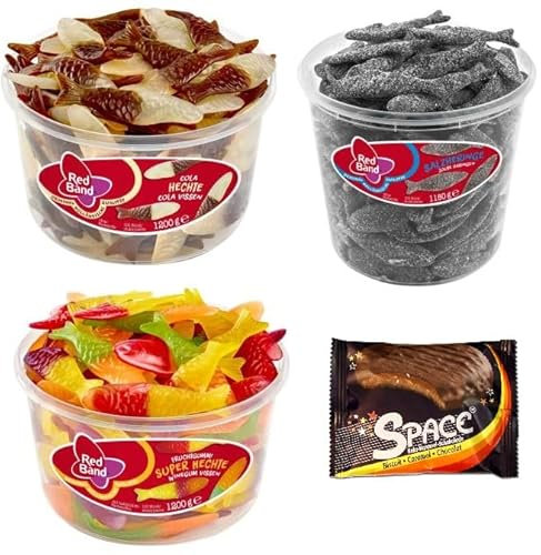 3 Dosen Red Band Mix/Cola Hechte/Salzheringe/Fruchtgummi Hechte + Space Keks von Onlineshop Bormann