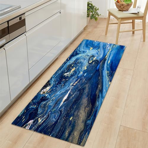 Teppich Läufer Batik-Marmor-Textur Rutschfestes Küchenmatten 60x150cm, Blau Teppiche Waschbare Gummiunterlage Fußmatte, Mikrofaser Eingangsbereich Flur Teppich