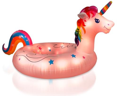 Solarbetriebene aufblasbare Regenbogenpferd Poolschwimmer mit farbwechselnden Lichtern, Wasser Schwimmtier Aufblasbarer Schwimmreifen(Kinderversion)