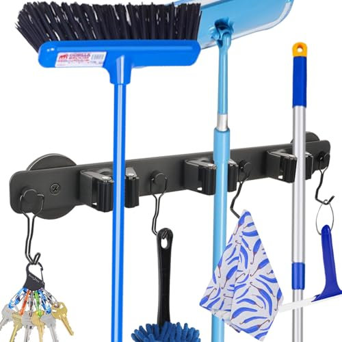 SKNOOY Strong Magnetic Mop Broom Holder with 4 Hooks for Cleaning Tools, Magnet Tool Hanger Organize System Utility Rack for Workshop Laundry Garage Garden Kitchen