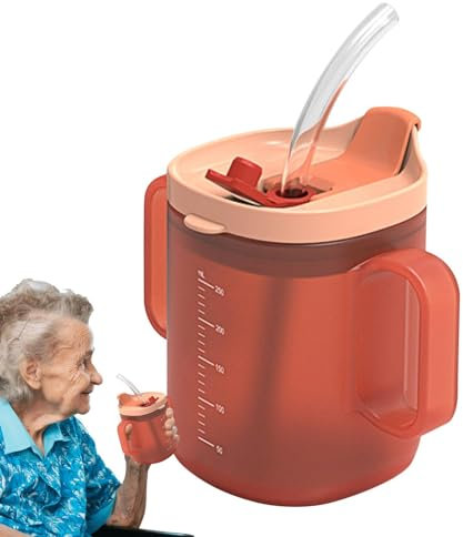 Auslaufsichere Becher für ältere Menschen, 300 ml, auslaufsicherer Becher mit Griffen, Trinkbecher mit Deckel und Strohhalm, Trinkflasche, Futterbecher mit Deckel und Strohhalm für Patienten, ältere