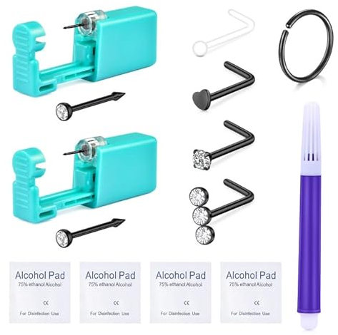 MODRSA Nasenpiercing Stecker Kit Nasenstecker Nasenring Piercing Nose Ring Selbst Nasenpiercing Piercing Gun Disposable Schwarz Piercing Schmuck Kit