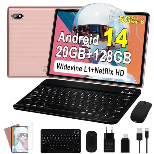 Tablet Android 14 10 Zoll Ultraschnelles PC mit Widevine L1, 5G WiFi 6 Octa-Core | 20GB RAM + 128GB ROM (TF 1TB) | FHD IPS | Doppelkamera, Bluetooth 5.0,2025 Neueste Tablet mit Tastatur und Maus, Rose