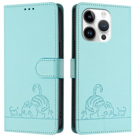 ScandiCasis iPhone 14 Pro Max Flip Case, Cat Pattern Leather Cover with [Card Slots] [RFID] [Wallet] [Kickstand] Shockproof Case, Mint Green