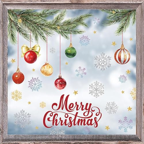AIBIIN Weihnachtsfensteraufkleber, Weihnachtskugeln, Zweige, Schnee, Frohe Weihnachten, Fensteraufkleber für Zuhause, Party, doppelseitig, wiederverwendbar