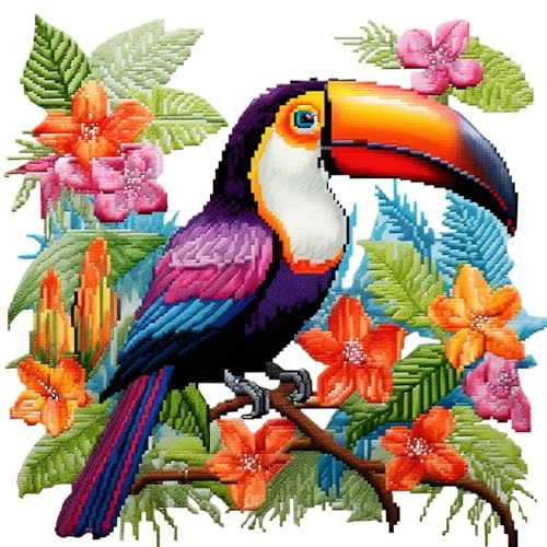 Xinpinzhou Kreuzstich Set Vorgedruckt Toucan, Stickvorlagen Stickbilder Vorgedruckt Kreuzstich Stickpackungen Stickpackung Cross Stitch Embroidery Kit Tiere Stickset Sticken Set Erwachsene Anfänger