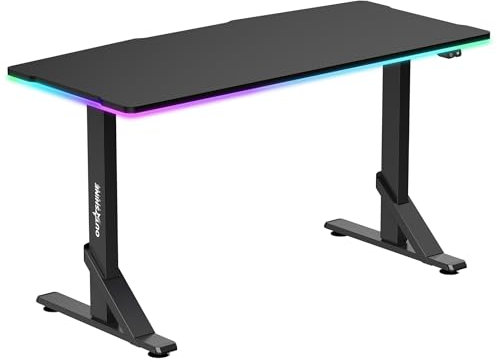 Outshine Gaming Colossus Heavy Duty Gaming Desk with Dynamic RGB Lighting, Adjustable Height (71-81cm), 100kg Weight Capacity, and Curved Rear Edge for Cable Management – 132.5x60.5cm Black Finish