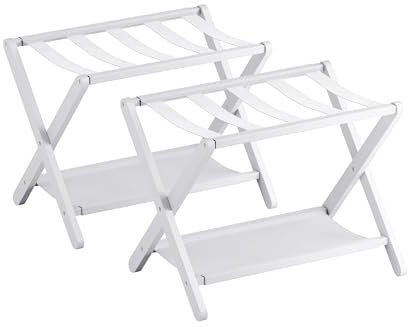vovala Portaequipajes, Juego de 2, Soporte plegable para maletas con estante de almacenamiento, Portaequipajes de bambú premium para habitación de invitados, hotel, Soporta hasta 61 kg (Blanco)