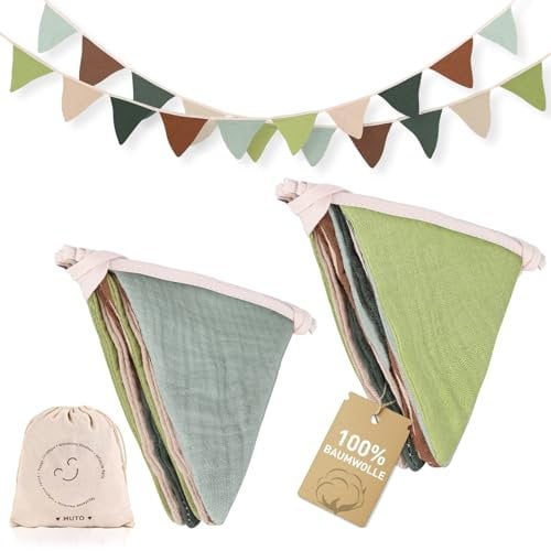 MutoToy® 2 Stück Wimpelkette Kinderzimmer, 2.7m Wimpelkette Stoff aus Musselin Baumwolle, Girlande Kinderzimmer Deko für Hausbett, Babybett, Kinderbett, Babyzimmer, Wanddeko （Morandi Grün）