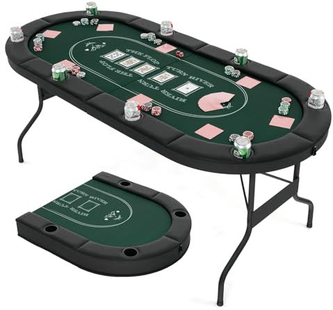 DREAMADE Faltbarer Pokertisch für 8 Spieler, Poker Table Spieltisch mit Getränkehalter, Poker Tisch Roulette Tisch mit Metall-Rahmen 182 x 82 x 75 cm