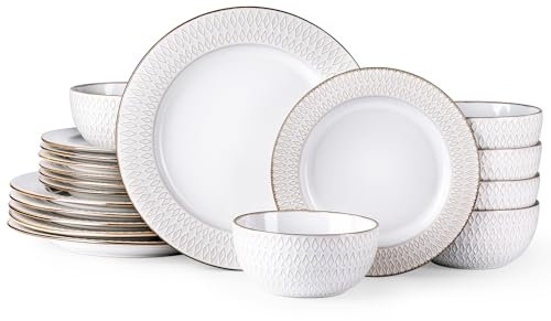 GBhome Geschirrset 6 Personen, 18-tlg Diamant Design Handarbeit Steingut Geschirr Set, Mikrowellen- & Spülmaschinenfest Schüssel- und Teller Set (Diamant Elfenbein, 18 Teile Set)