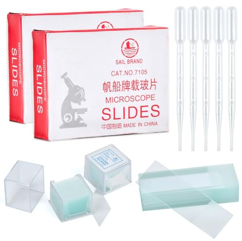 100Stück Vorgereinigte Mikroskop Objektträger mit Geschliffener Kante und 200Stück Vorgereinigte Mikroskop-Deckgläser mit 5 Plastiktropfern für Labor Biologie Wissenschaft Studium