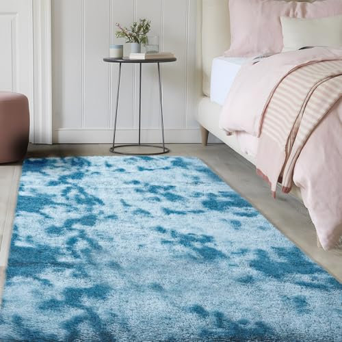 SOANNY Hochflor Wohnzimmer Teppich, Waschbar Anti-Rutsch & Flauschig, Tie-Dye Langflor Teppiche für Schlafzimmer & Kinderzimmer, Bettvorleger Matte, 90 x 150 cm, Dunkelblau