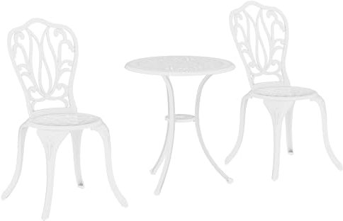 Outsunny 3 Piece Garden Bistro Set, Cast Aluminium Outdoor Furniture Set with Umbrella Hole for Balcony, Porch, Patio, White