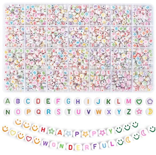 EUES 2000 Stück Bunte Buchstaben Perlen,Buchstabenperlen zum Armbänder,7mm A-Z Buchstaben Perlen Set,Rund Buchstaben Perlen für Auffädeln, Alphabet Perlen für Armband Haarband Schmuck Basteln