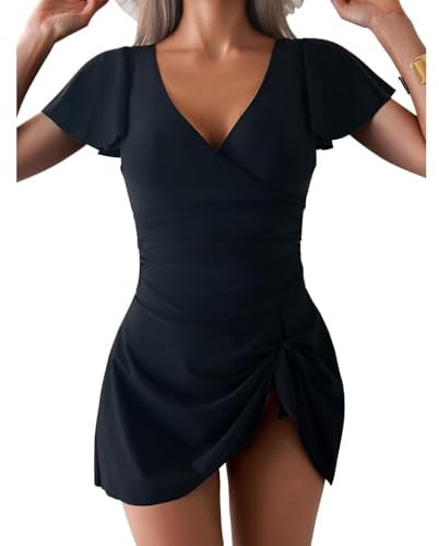 TcIFE Costume Intero Donna Scollo V Controllo Pancia Gonna Nodo Frontale | Maniche Arricciate Costumi da Bagno, Elegante Gonna Corta Bikini, Vacanze al Mare