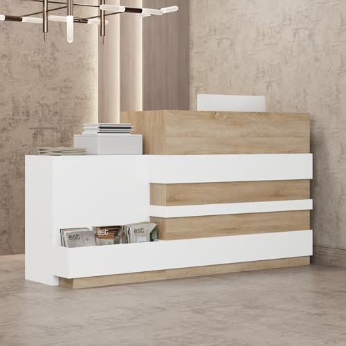Caldion Moderne Empfangstheke, Weiß und Eiche, Bürorezeption mit Ablagefächern, Schreibtisch und Aktenschrank