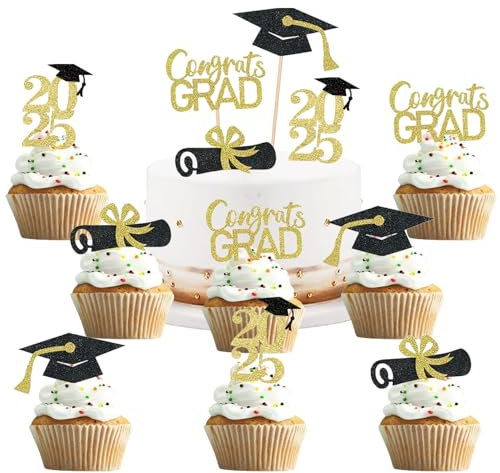 24 Stück Glitzer 2025 Graduation Cupcake Toppers,2025 Abschluss Tortendeko,Abschlussfeier Cupcake Toppers,Bachelor Hut Deko,Tortenaufsatz mit Aufschrift,Dekoration für Kuchen