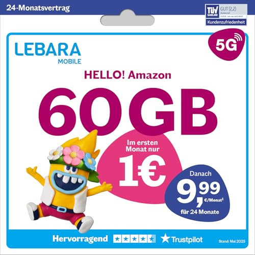 LEBARA Handytarif Hello! Amazon | 60 GB Datenvolumen | 9,99€ mtl. | 5G mit bis zu 50 Mbit/s | Allnet-Flat Telefonie & SMS Deutschland inkl. EU-Roaming | 200 Auslandsminuten