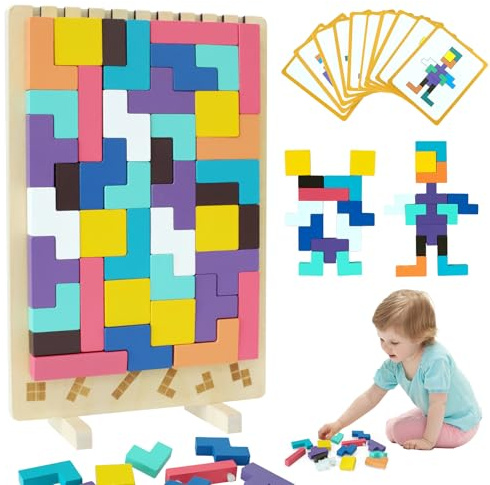 Tetris Holzspiel Kinder 3D Bunt Puzzle Tetris Spiel Holz Lernspielzeug mit 10 Karten Tetris Blöcke Stapelspiel mit Halterung Montessori Spielzeug ab 3 Jahre Geschenk für Jungen und Mädchen