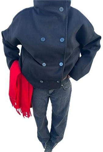 UJEDFHV Wollmantel Damen Mantel mit hohem Kragen, zweireihig, übergroß, lässig, for Damen, elegant, Damenjacke(Dark blue,S)