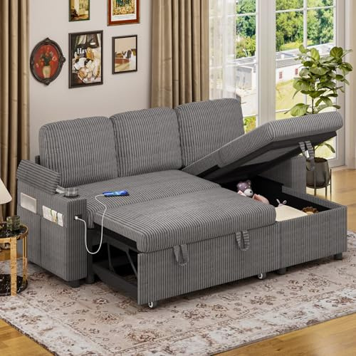 Jooli H Corner Sofa Bed, 3-in-1 Convertible Sleeper Sofa Couch with 6 Adjustable Backrest, Storage Armrest and USB Charge, 3 Seater Corduroy Pull Out L Shaped Sofa Bed for Living Room, Bedroom, Grey