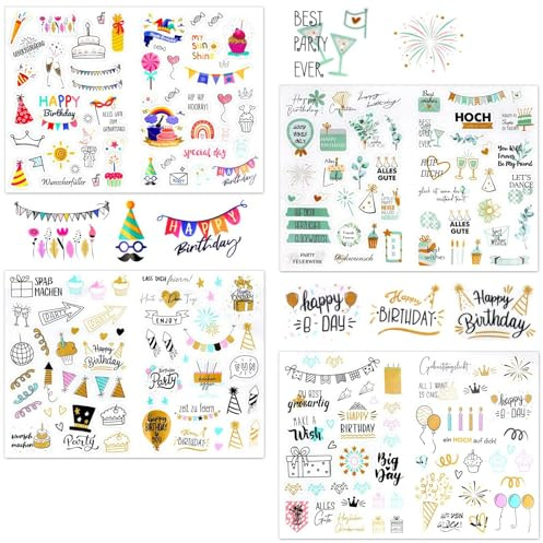 Geburtstagssticker 12 Blatt, 600+ Happy Birthday Aufkleber mit Kuchen/Geschenke/Luftballons, Transparente Party Sticker für Gästebuch, Karten, Geschenke, Scrapbooking