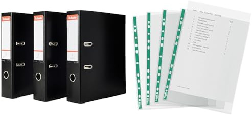Esselte A4 Lever Arch Files, 3-Pack, Black, 550 Sheets Capacity, Durable PP Plastic Cover + 100 A4 Punched Pockets, 34 Micron Thickness, Clear (Bundle)