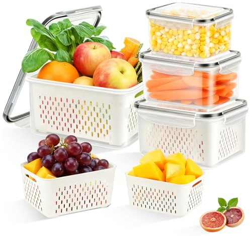 3Pcs Fridge Fruit Storage Containers with Removable Colanders & Lids, Airtight Leak-proof Drain Baskets Kitchen Fridge Organizers Storage Boxes Set, Stackable Size Variety for Fruits Vegetables Meals
