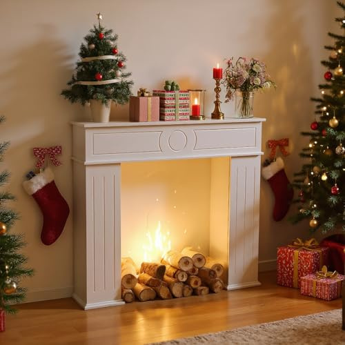 TIMORWTF Armadio per camino, 107 x 18 x 100 cm, cappotto da camino, con cornice a 3 porte, cornice per camino, decorazione con stoccaggio, bordo in legno, bianco