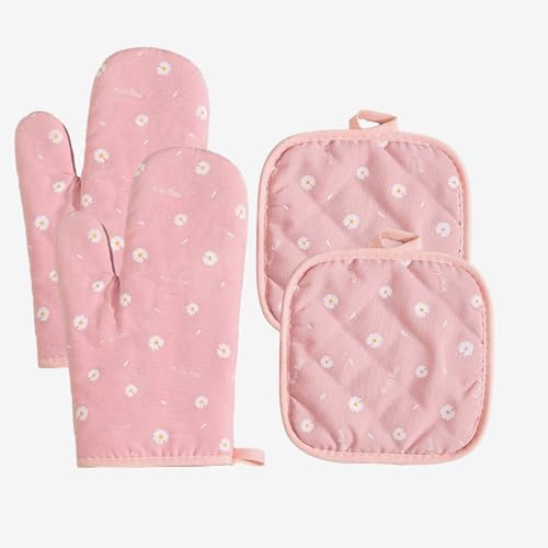 Pink Oven Gloves Set of 4 - Heat Resistant Oven Mitts & Potholders, 180°C Kitchen Gloves with Hanging Loop, Cute Pink Daisy Kitchen Accessories for Cooking & Baking