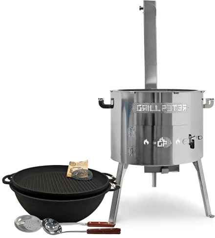 Utschak Timur Ø45 cm Edelstahl Kazan 18L Grilldeckel aus Gusseisen Zubehör