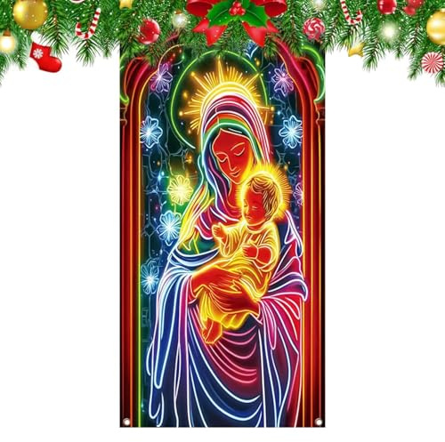 Berriphonia Decoración De Puerta De Navidad | Lona Fluorescente Festiva para Puerta De Entrada 35x71 Pulgadas | Decoración De Banner De Fiesta De Vacaciones-Para Interior Exterior Casa Invierno Granja