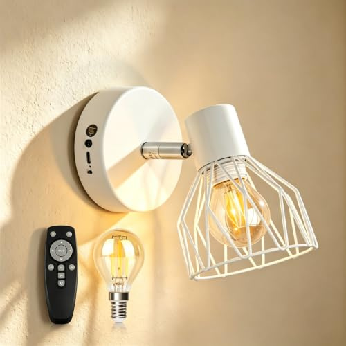 Dehobo Rechargeable Wall Lights for Living Room with Bulbs, White 1 Set | Battery Operated Wall Sconces, Rechargeable Wall Lamps with Remote Control, Wireless Wall Light for Bedroom Living Room
