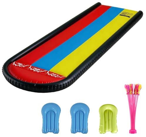 Wxeadu Triple Lawn Water Slide, 548x210cm Lane Slip and Slide with 3 Bodyboards and Sprinkler, Water Slide for Garden with 37 Pcs Water Balloon for Adults, Backyard, Summer Outdoor