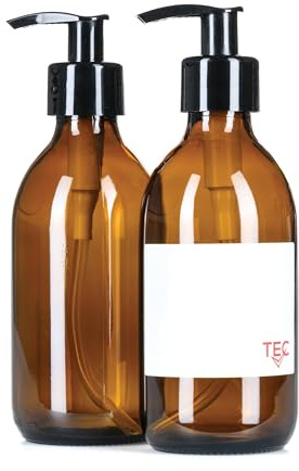 TEC 300ml Amber Glass Bottles with Pump Dispenser 1.4ml Output UK Made | Brown Small Soap Dispenser for Handwash Recyclable Refillable Labels Wrapped in Brown Sustainable Paper