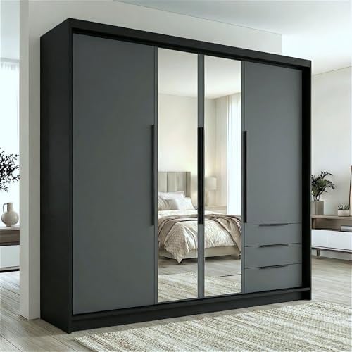 A&J MöbelLand VIVO Kleiderschrank 4-türig mit Spiegel und Schubladen – 200 x 215 cm – Drehtürenschrank mit Kleiderstange und Einlegeböden