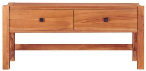 Vorpalize TV-Schrank 100x40x45 cm aus massivem Teakholz, rustikales Lowboard für Wohnzimmer, strapazierfähiges TV Board mit 2 Schubladen und X-Rahmen Design, natürlicher Fernsehschrank