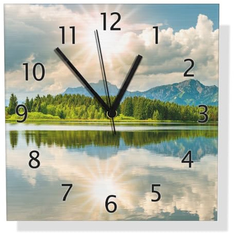 Wallario Design Wanduhr Bergsee mit Spiegelung aus Aluverbund, Alu-Uhr Größe 30 x 30 cm, Schwarze Zeiger mit Metalloptik