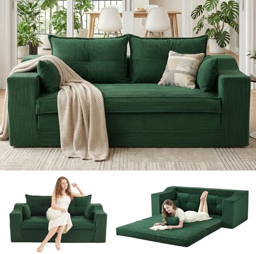 APICIZON Schlafsofa, 2-in-1 Boneless Couch, Bodensofa mit Kissen, 3 Sitzer Sofa Bed mit Schlaffunktion, Klappbare Matratze für Wohnzimmer, Schlafzimmer, Gästezimmer (Cord-Grün, 177 cm Breit)