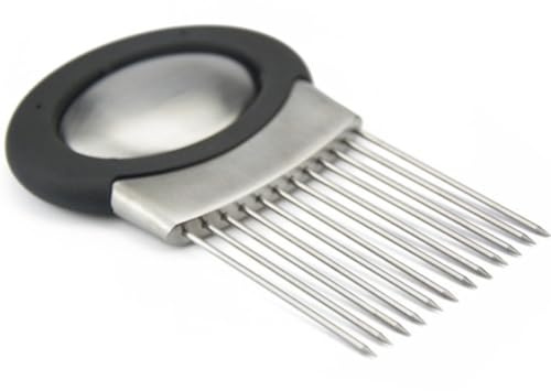VOSAREA Stainless Steel Onion Slicing Fork Tool for Kitchen Use, Oval Shape Chopper that Holds and Slices Uniform Sections of Vegetables and Hard-Boiled Eggs Efficiently
