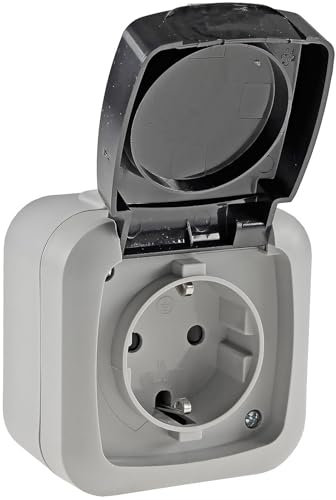 ChiliTec Feuchtraum Steckdose 1-fach Aufputz 250V IP44 Schutzkontaktsteckdose mit Klappdeckel Spritzwassergeschützt Grau